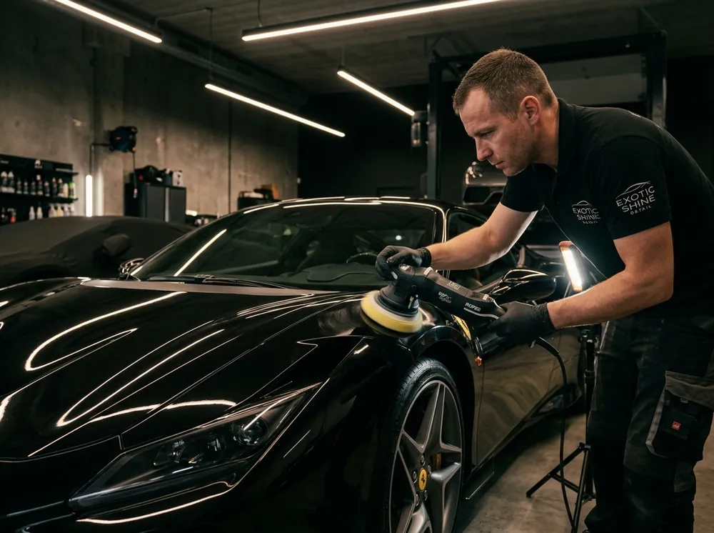 Master detailer perfecting supercar paintwork in Perth studio